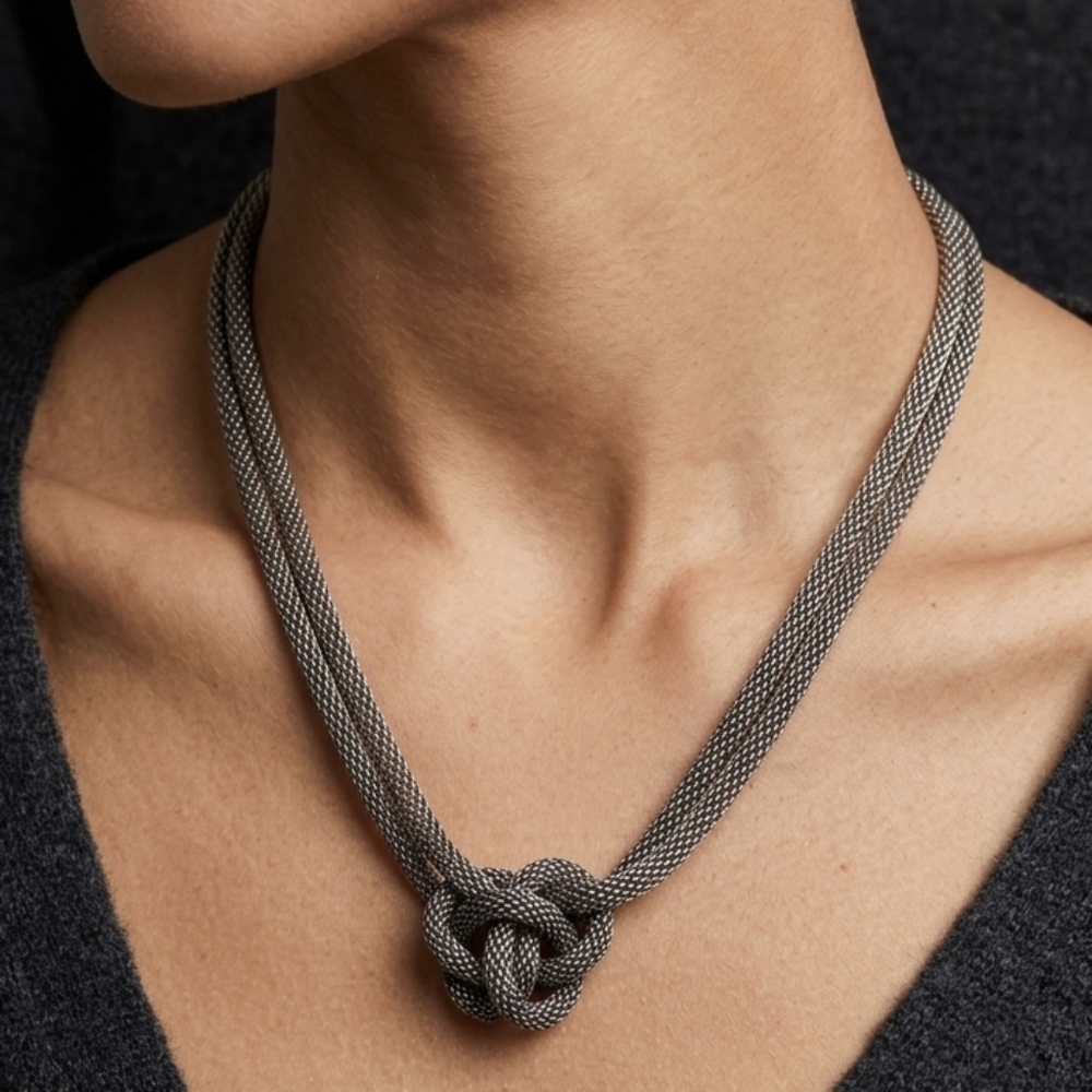 Source Unknown Silver Tone Mesh Knot Necklace 23" Long Versatil